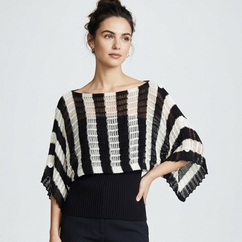 Vintage Kokomo Black White Striped Open Knit Layered Poncho Sweater M